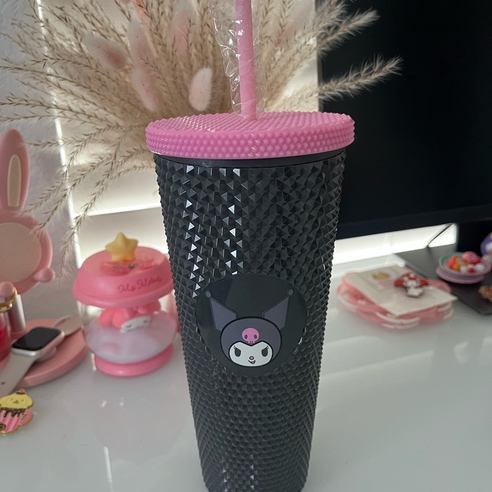 Black Studded Kuromi Tumbler with Pink Lid and Straw